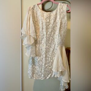 NWT Dress Mini Cream Embroidered Metallic Brocade Chiffon Asymmetrical Sleeve M